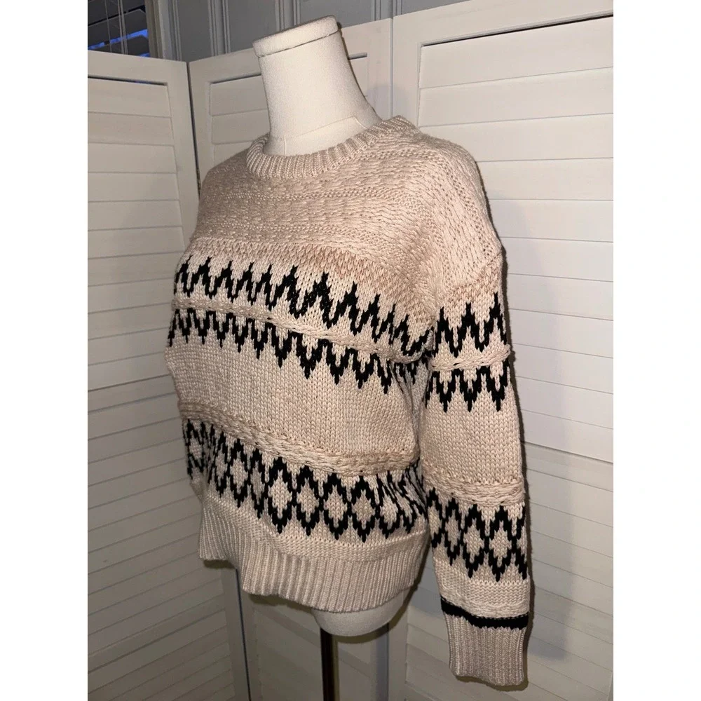 Skies Are Blue Fair Isle Knit Sweater Cream Black Zigzag Pattern Crew Neck XS - Picture 4 of 7